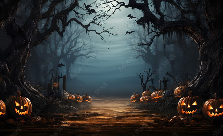 Night scene of a forest trail lined with jack o'lanterns bats flying against a night sky lit by the moon