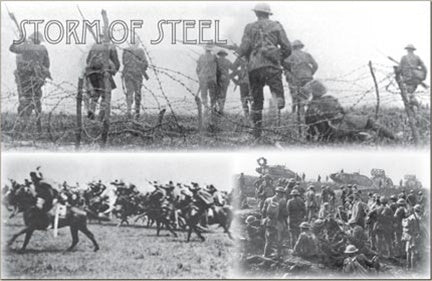 Storm of Steel cover artwork. Showing 3 different black and white photos. 1 photo shows soldiers with barbed wire in front of them, the second is a calvary going forward, and the third is a group of soldiers gathering around.