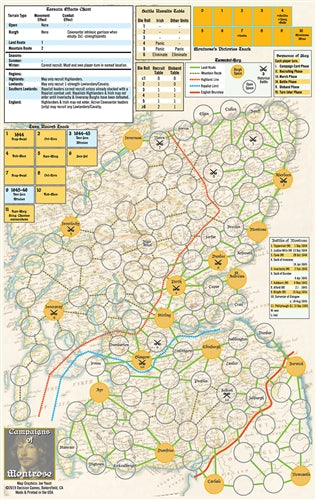 A game map of Campaigns of Montrose showing the key and other important information.