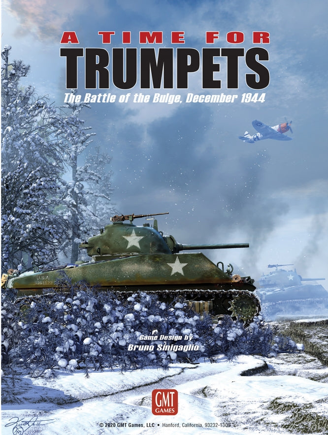 A Time For Trumpets: The Battle of the Bulge, December 1944 front cover. Showcasing a tank plowing through trees in the harsh cold.