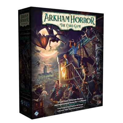 Arkham Horror The Card Game box with dark fantasy artwork on a white background