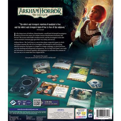 Arkham Horror The (Revised) Card Game by Fantasy Flight Games. Lovecraftian horror. Back of box, box art.