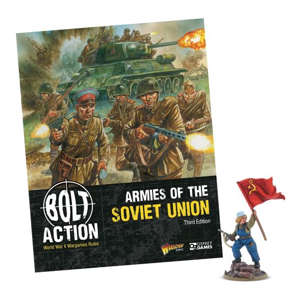 Bolt Action game book for 'Armies of the Soviet Union' with a figurine holding a flag.