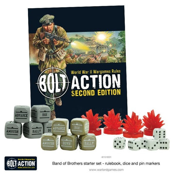 Bolt Action, Band of Brothers starter army, rules, dice, markers