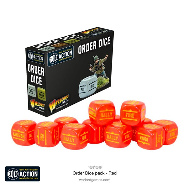 Bolt Action red dice with yellow text and a Warlord Games box. On a white background.