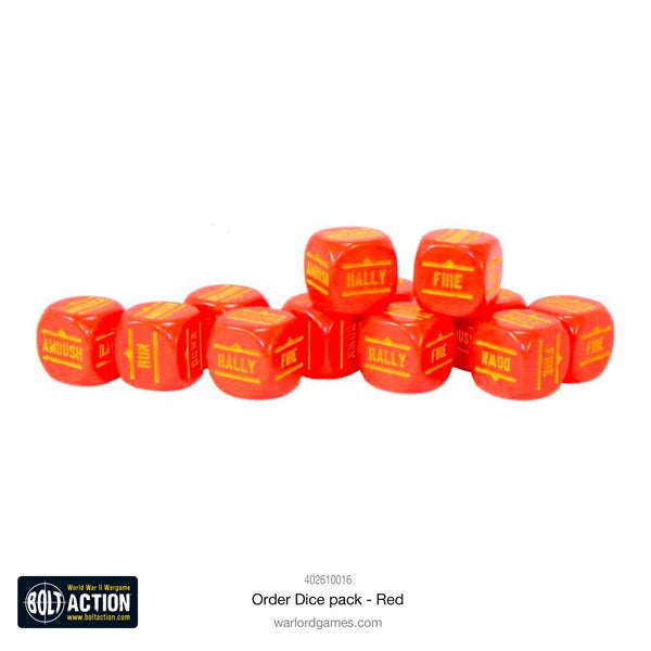Bolt Action red  order dice with yellow text on a white background, featuring the 'Bolt Action' logo.