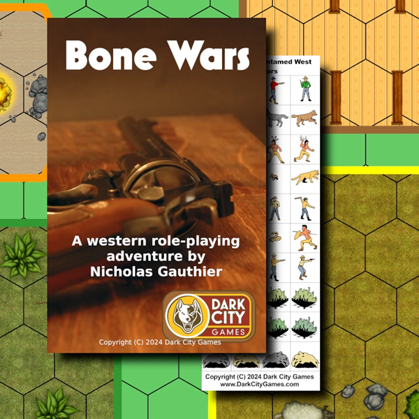 Game book cover titled 'Bone Wars' by Dark City Games on a hexagonal tile background.
