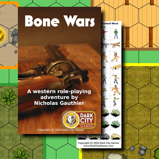 Game book cover titled 'Bone Wars' by Dark City Games on a hexagonal tile background.