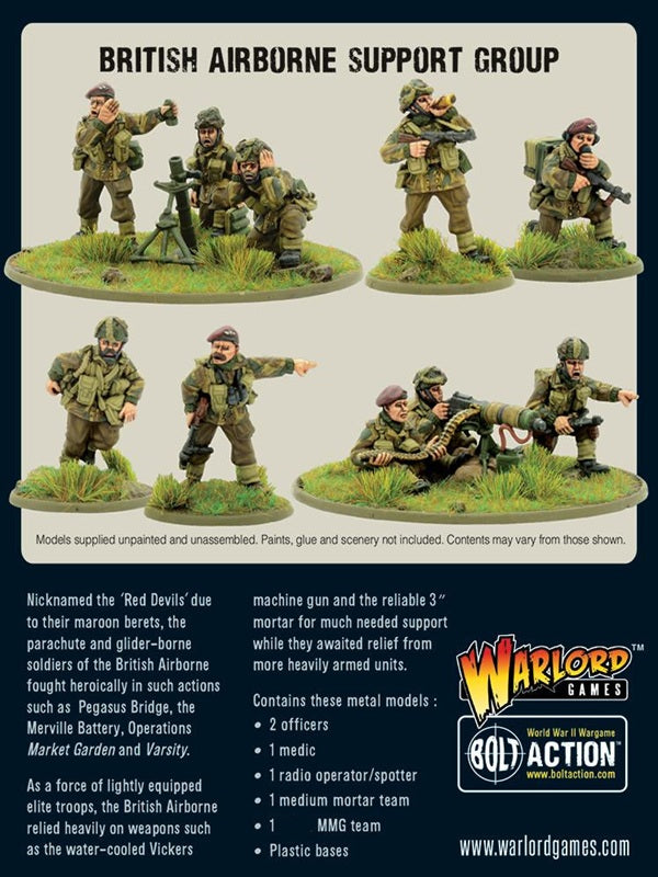 Model kit packaging for British Airborne Support Group with Warlord Games branding.
