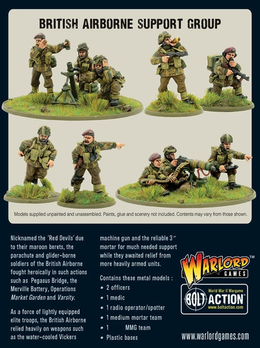 Model kit packaging for British Airborne Support Group with Warlord Games branding.