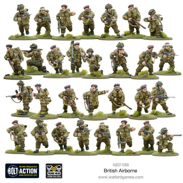 Collection of British Airborne soldiers figures with weapons on a white background. Warlord Games Bolt Action painted figures