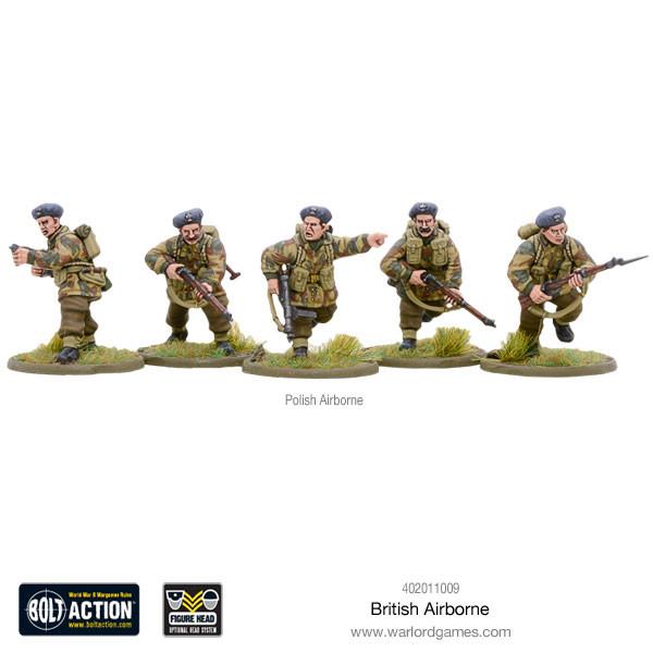 Five miniature figures of Polish Airborne soldiers on a white background with Warlord Games branding.