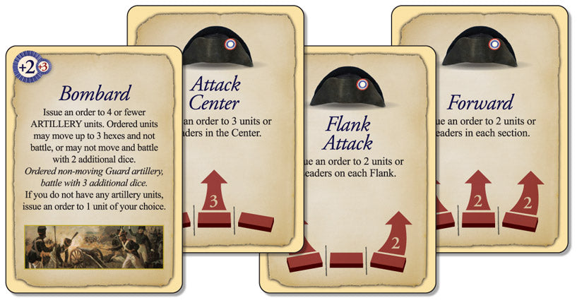 4 cards showing different attacks that can be done in the commands and colors game, russian army edition.