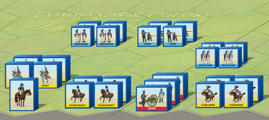 Showing the game board with the box-like miniatures of the game.