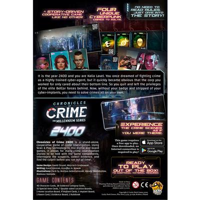 Chronicles of Crime: The Millennium Series 2400. Board game. Mystery and deduction. Box art back.