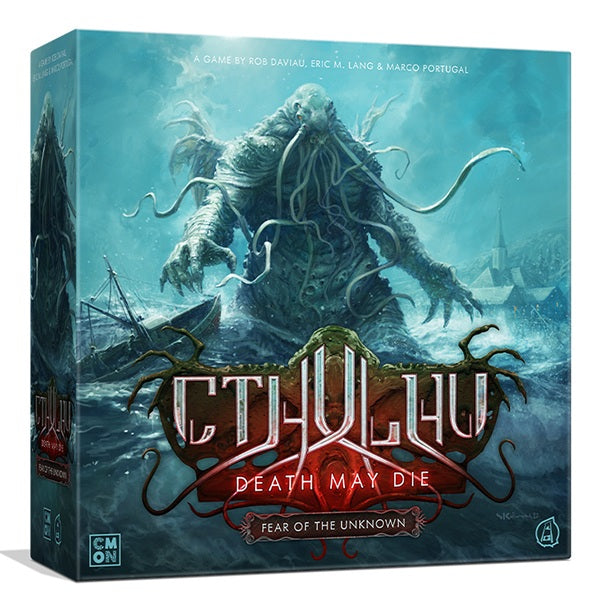 Board game box for 'Cthulhu: Death May Die' with a Cthulhu-like creature on a blue background.