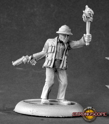 Miniature figure of a character holding a weapon and torch on a gray background with 'Chronoscope' branding. Reaper Miniatures metal. Dan McDermott, Archaeologist unpainted