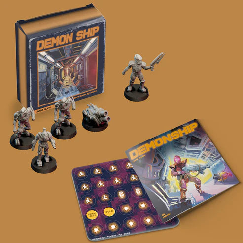 Demon Ship Starter Box Contents. Includes: - The 45 page Demonship rule booklet (booklet size is around 6x6") - PDF included - 1 Token Sheet  - 1 Resin cast Survivor miniature  - 2 Resin cast Blade Demons - 1 Resin cast Gun Demon - 1 Resin cast Frog Demon  - A 6x6x2" Game Box