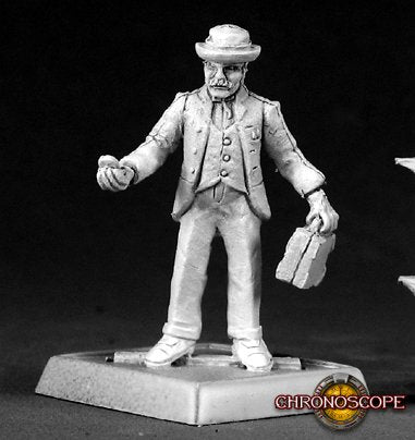 Miniature figure of a man in a suit and hat holding a briefcase on a black background with 'Chronoscope' branding. Reaper Miniatures Dr. John Watson