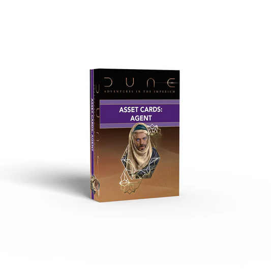 Dune: Adventures in the Imperium by Modiphius Entertainment. Sci-fi role-playing game. Card deck. Box art