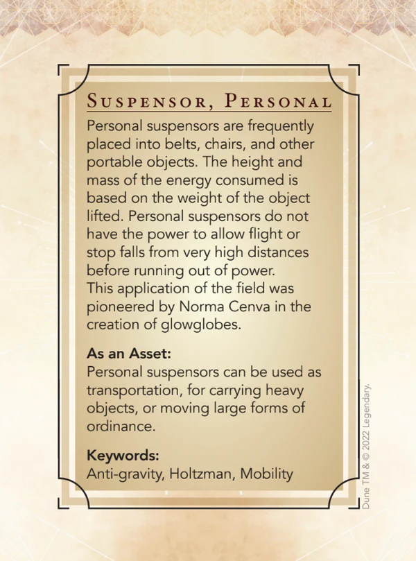 Dune: Adventures in the Imperium by Modiphius Entertainment. Sci-fi rpg. Asset card deck. Sample card