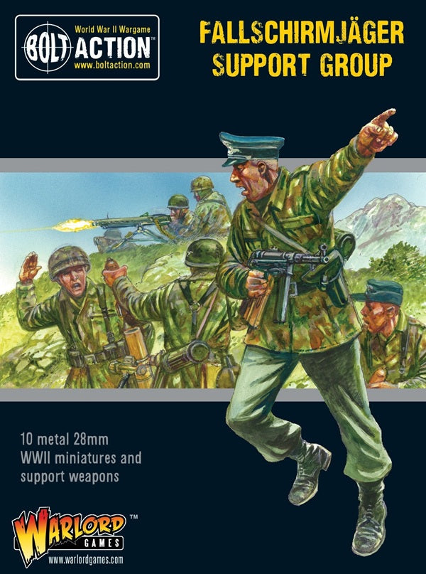 Bolt Action Fallschirmjager Support Group box cover with soldiers and weapons.