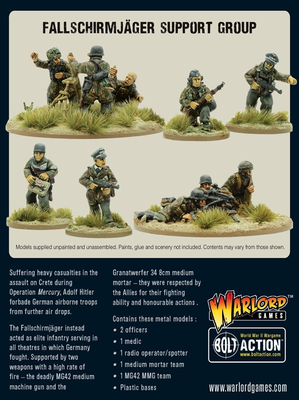 Fallschirmjäger support group figurines with Warlord Games logo and Bolt Action. Box art metal figures