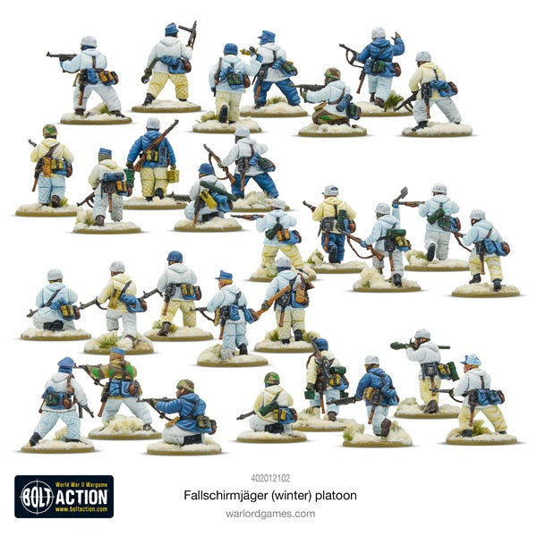 Fallschirmjager in winter uniform by Warlord Games. 28mm plastic miniatures for Bolt Action. Shown painted and from the back