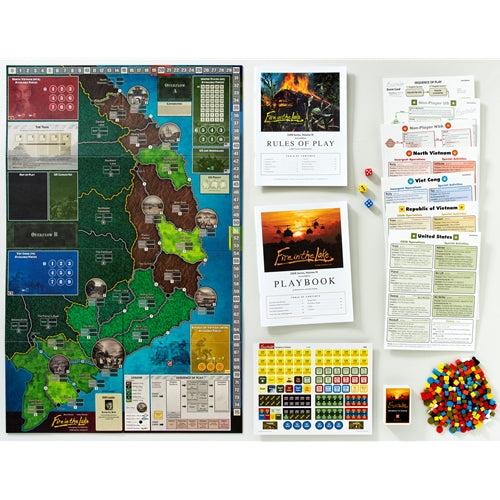 Fire in the Lake, 3rd printing, game components. Including: game board, rules, playbook, tokens, and more. War game, board game