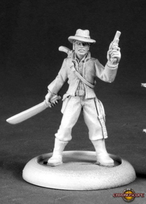 White metal figure of an adventurer holding a gun and a rifle on a black background. Reaper Miniatures Frank Buck