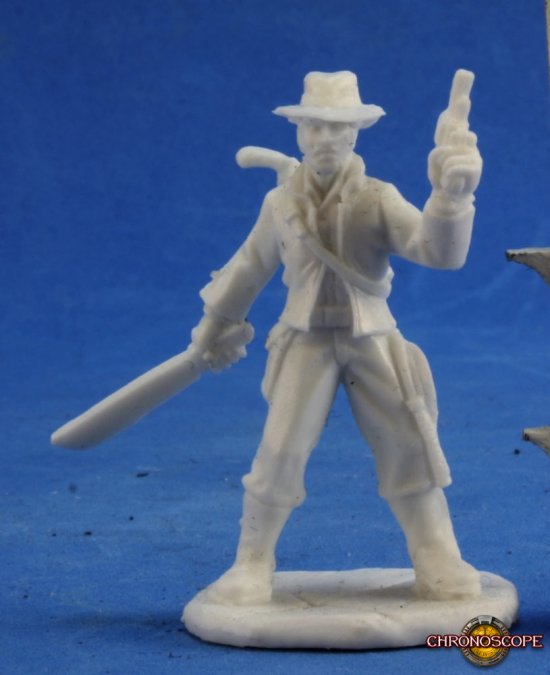 White plastic Frank Buck with a gun and machete on a blue background. Reaper Miniatures Chronoscope plastic collection 28mm heroic scale