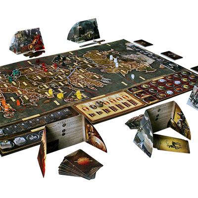 A GAME OF THRONES BOARD GAME 2ND EDITION, showing what's in the box, showing game board, cards, tokens, and more