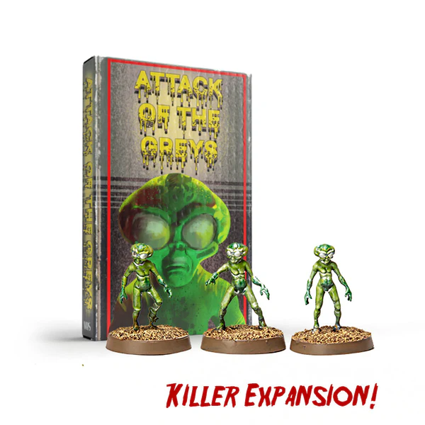 Don't Look Back, Attack of the Greys, expansion, horror, VHS packaging, cover art, painted miniatures, resin