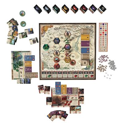 Color image of the boar and game components set up to play