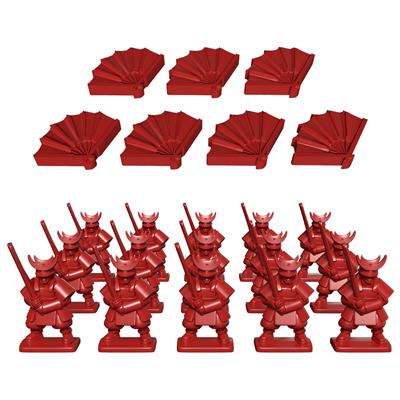 Color image of samurai and fan tokens used in the game showing the red faction