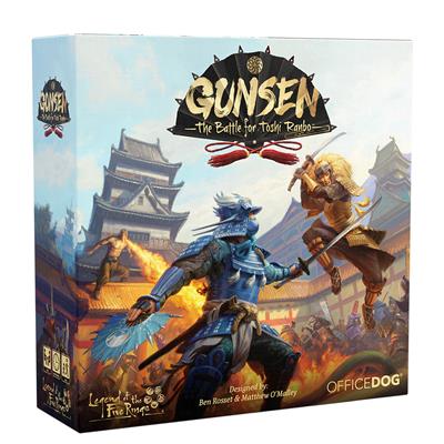 Fantasy board game with samurai characters fighting in front of a castle on box front