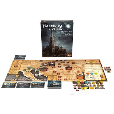 Hapsburg Eclipse by Tabletop Tycoon. Box art and components. WWI solitaire game