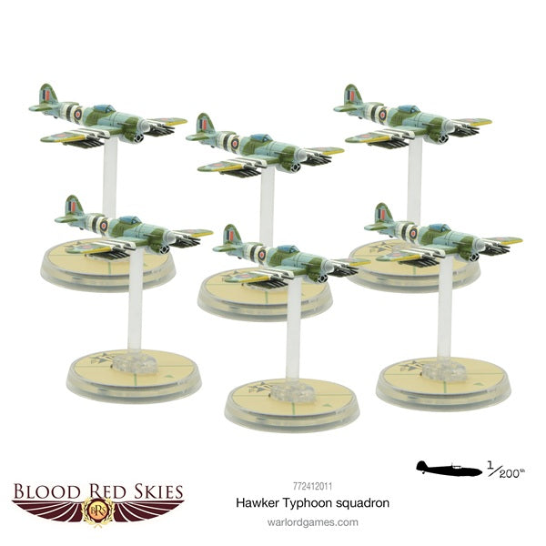 Set of six Hawker Typhoon model aircraft on stands with 'Blood Red Skies' branding.