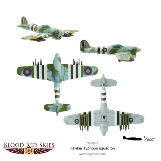 Set of Hawker Typhoon model airplanes with Blood Red Skies branding on a white background.