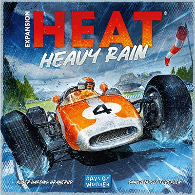 Board game expansion pack for 'Heat' titled 'Heavy Rain' with a racing car illustration on a blue background.