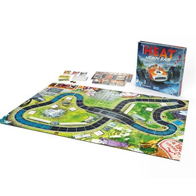 Board game set withHEAT board and components on a white background
