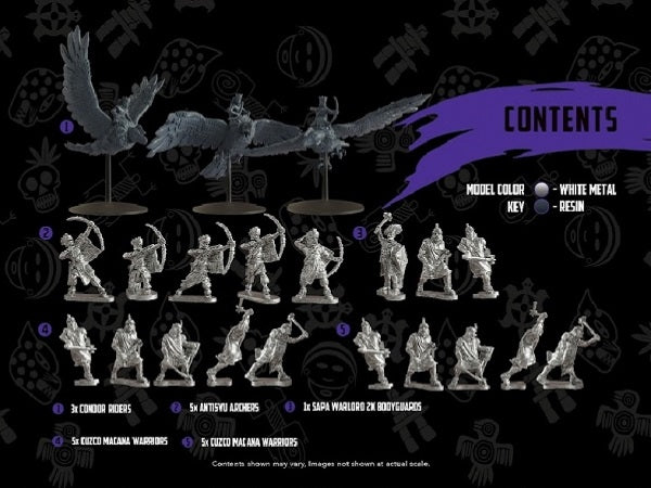 Mythic Earth: Inca - Inca Starter Force. Includes: 1 Sapa Warlord and two bodyguards (3 models). 2 Five-man Units of Cuzco Macana warriors (10 models). 1 Five-man Unit of Antisuyu Archers (5 models). 1 Three-man Unit of Condor Riders (3 models)