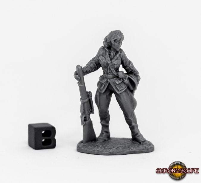 Gray miniature figure of a woman holding a rifle on a white background with 'Chronoscope' branding. Reaper Miniatures Jane Porter unpainted 28mm plastic.