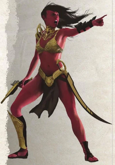 Superheroine in red and gold costume with weapon on light gray background. Interior art from core rule book John Carter: Adventures on the Dying World of Barsoom.