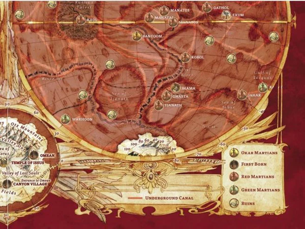 Vintage-style map of  Barsoom with decorative elements on a red background. Interior of rule book Adventures on the Dying World of Barsoom