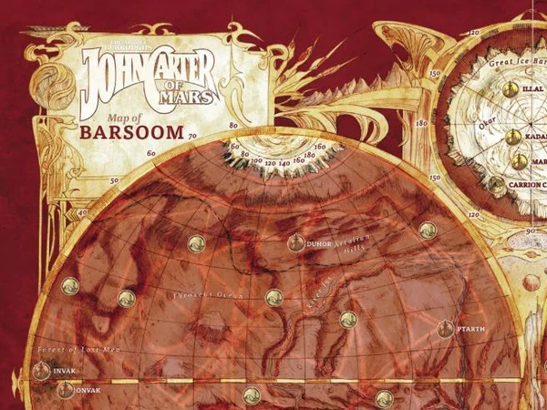 Map of Barsoom from 'Journey to Mars' with decorative elements on a red background