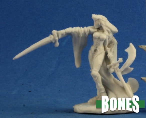White fantasy figurine with a spear on a blue background, featuring the 'BONES' branding. Reaper Miniatures Kristiana the Devout human paladin unpainted