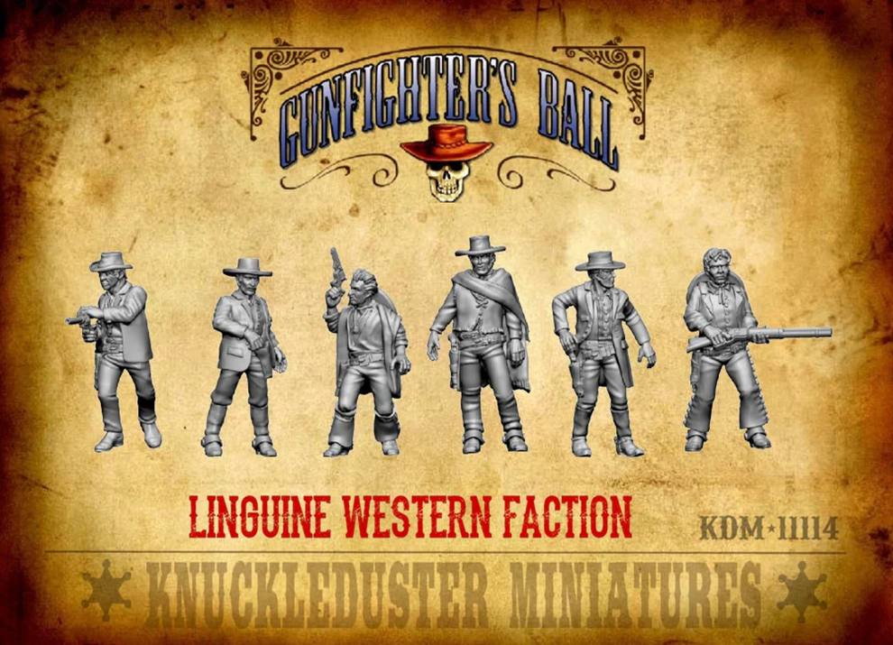 Knuckleduster Miniatures faction pack. Linguine Faction from cinema. Lead-free pewter figures in epic 28mm measuring 32mm from feet to top. Art work