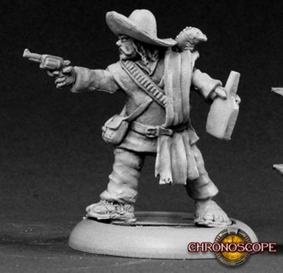 Lobo Sanchez, bandido.  Reaper miniature in 25mm scale unpainted.