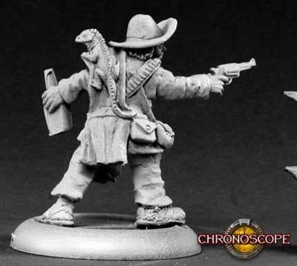 Lobo Sanchez, Reaper miniature. In 25mm scale unpainted rear view.